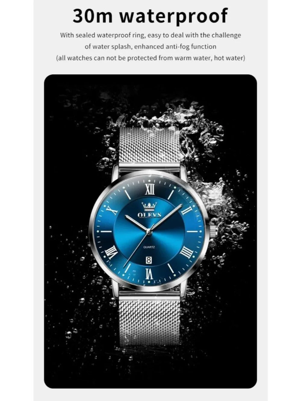 Men's Blue Silver Analog Quartz Stainless Steel Classic Luxury Date Wrist Watch
